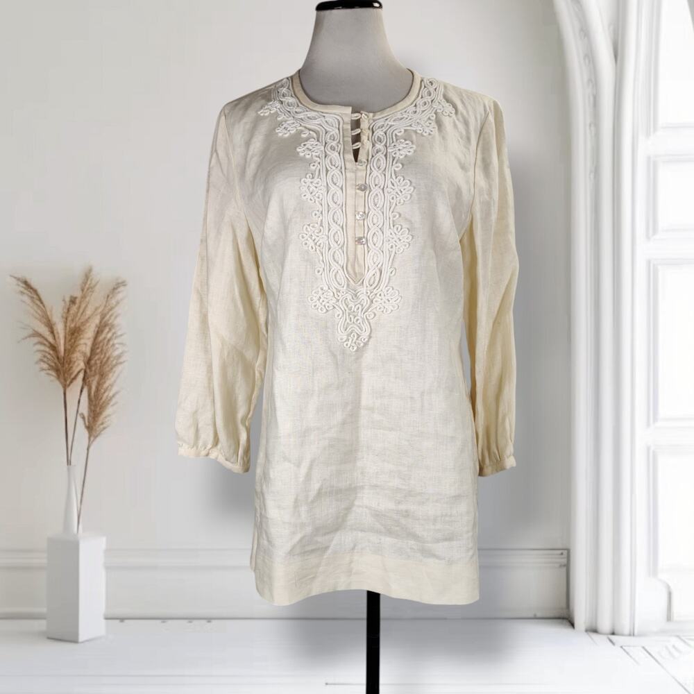 Brooks Brothers Linen Tunic Dress Embroidered Ivory Boho Preppy Size 12 - Picture 2 of 12